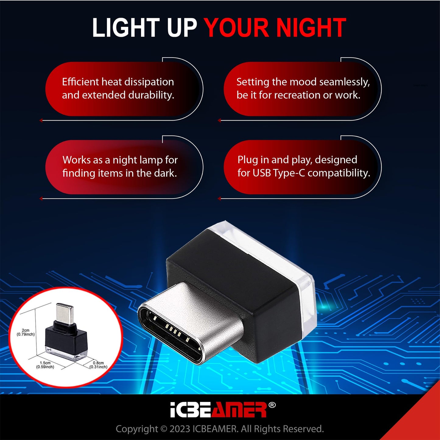 ICBEAMER Type C Adapter Miniature Night Light USB Car Interior Trunk Ambient Blue Model TYPE-C-BL-AMA
