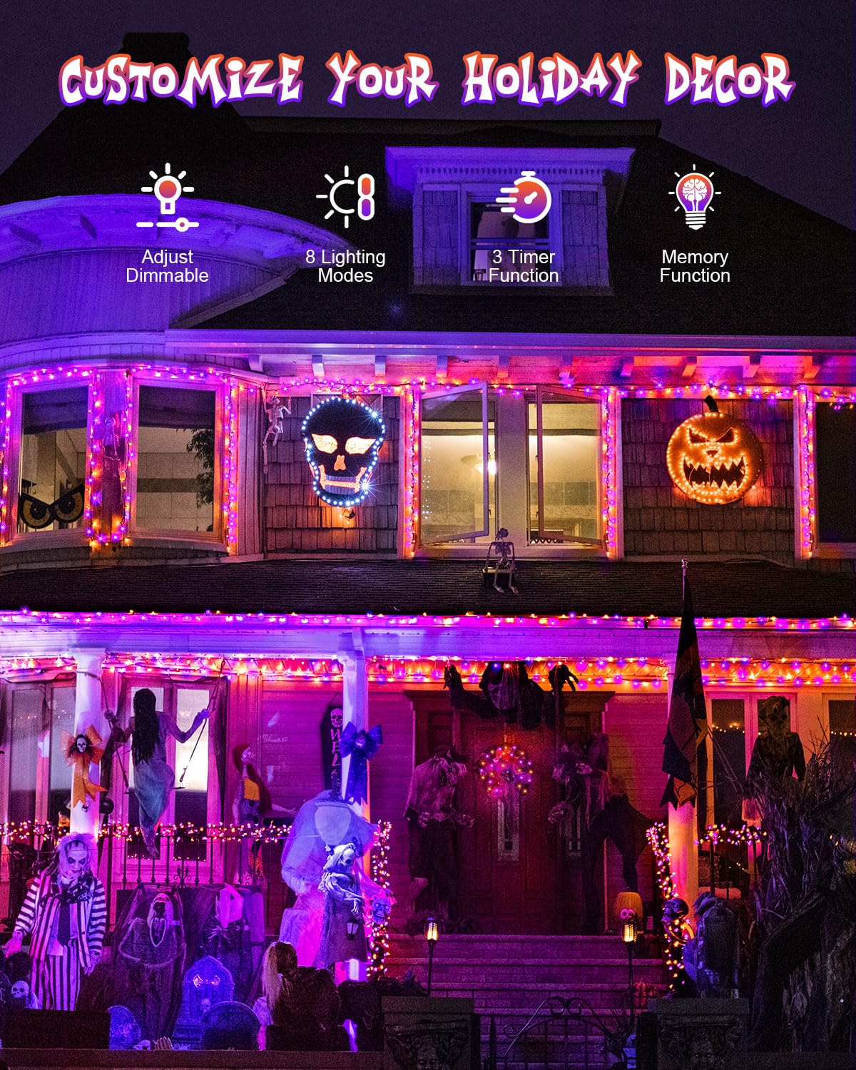 JIXXULVU Halloween String Lights, 125FT 380LED, Waterproof Black Wire, 8 Modes, Timer, Purple & Orange