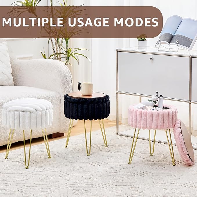 Wimarsbon Vanity Stool with Storage, Faux Fur Ottoman Chair with Metal Legs, Round Makeup Vanity Chair for Bedroom or Dressing Table, Modern Small Ottoman Seat (Pink)