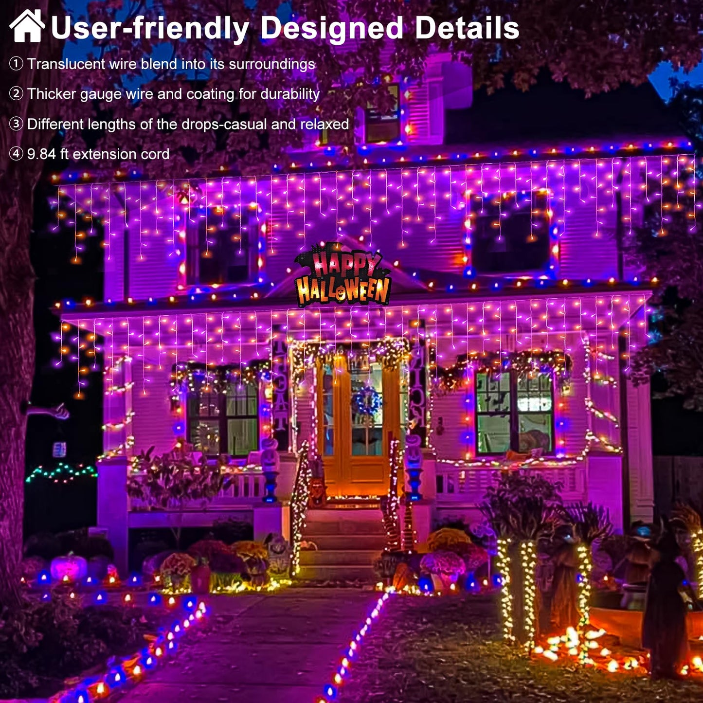 66Ft Christmas Lights Outdoor  640 Led Icicle Lights For Outside  Orange And Purple Twinkle Lights With Connectable Clear Wire 8 Modes Timer Waterproof For House Party Tree Holiday Yard Decorations