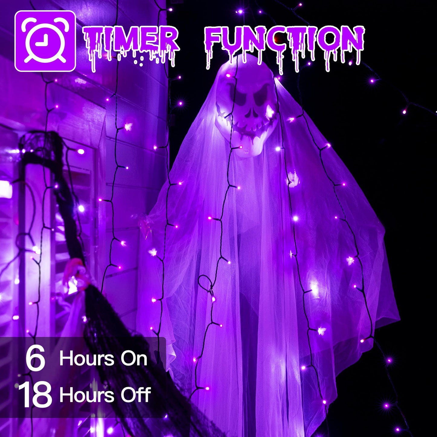Guhope 66FT 200 LED Purple Halloween String Lights, Waterproof, 8 Lighting Modes, Model NYA0200A