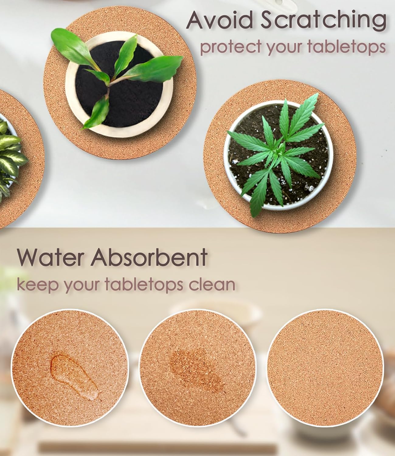Cork Plant Coasters, Double Layers Hard Thick Cork Planter Coaster, 4 Inch Absorbent Cork Plant Mats, Cork Trivets for Hot Dishes, Cork Plant Coasters for House Plants, 4 Pcs