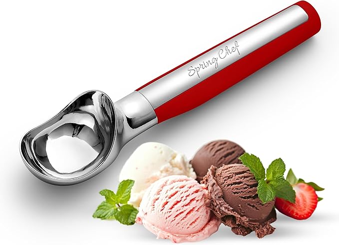 Spring Chef Heavy Duty Metal Ice Cream Scoop - Dishwasher Safe Ice Cream Scooper, Commercial Icecream Scoop Spade, Professional Kitchen Tool for Gelato, Melon, Sundae, Cookie Spoon - Red
