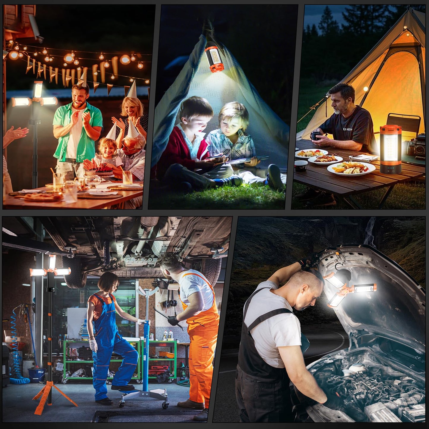 AKOFUN 12000mAh Camping Light with Stand, Rechargeable Work Light, 10000 Lumen Dimmable Cordless Work Light with 3 LED Lamp Heads, Magnetic Emergency Flashlight with 79" Detachable Tripod