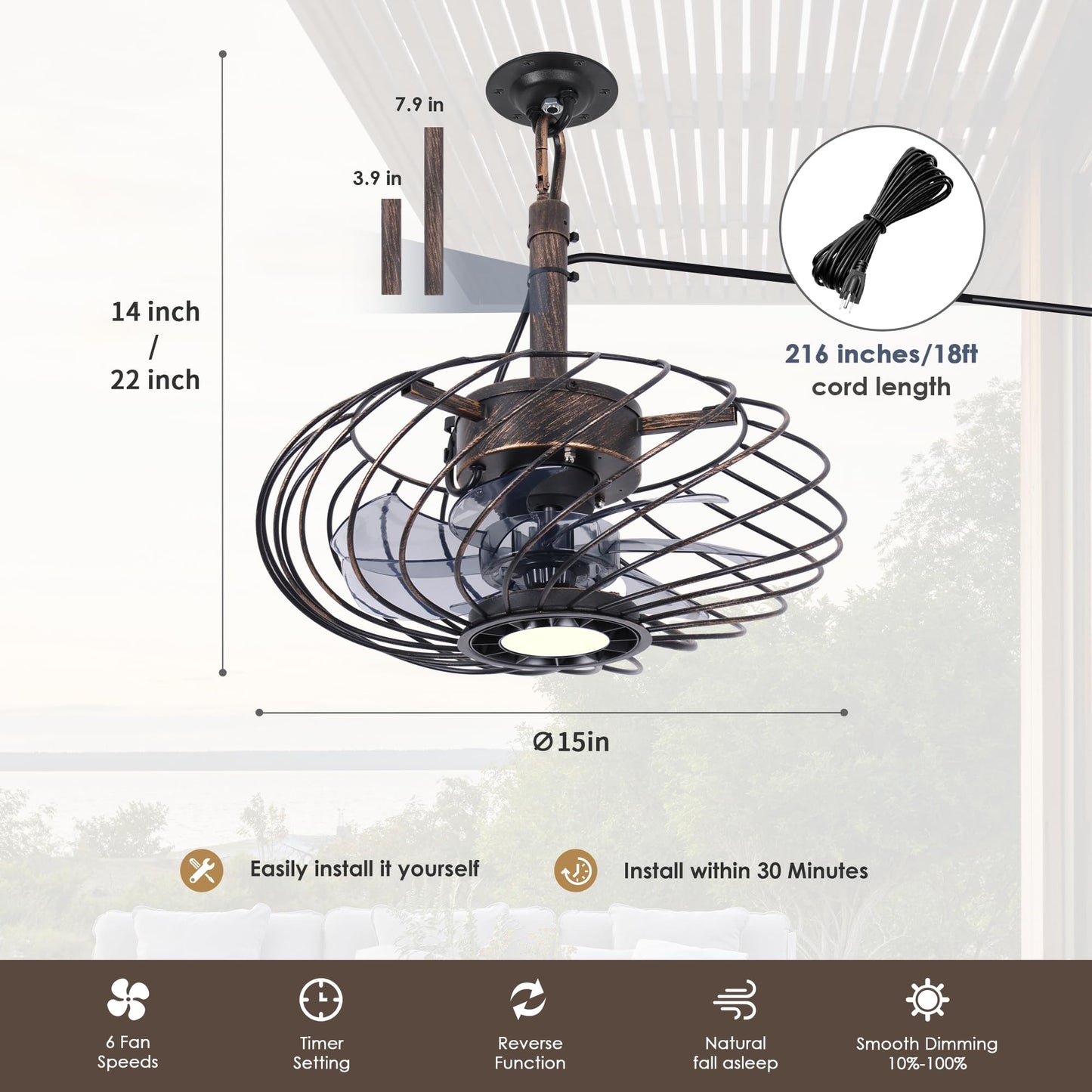 OSGNER 15in Outdoor Ceiling Fan with Light, Waterproof, Remote Control, Dimmable LED, Black Gold, Model F429-SG