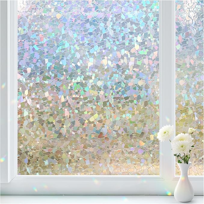 Haton Window Privacy Film Rainbow Film Stained Glass Window Clings, 3D Decorative UV Sun Blocking Sticker, Removable Static Cling Heat Control Tint for Home Door, 35.4" x 157.4" Non-Adhesive