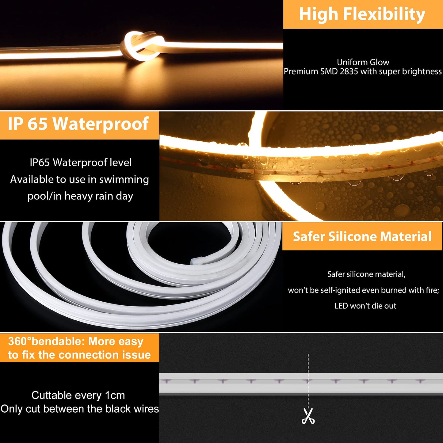 Lamomo LED Neon Flex Strip, 16.4ft Warm White, Waterproof Silicone Rope Light for Indoor/Outdoor Decoration