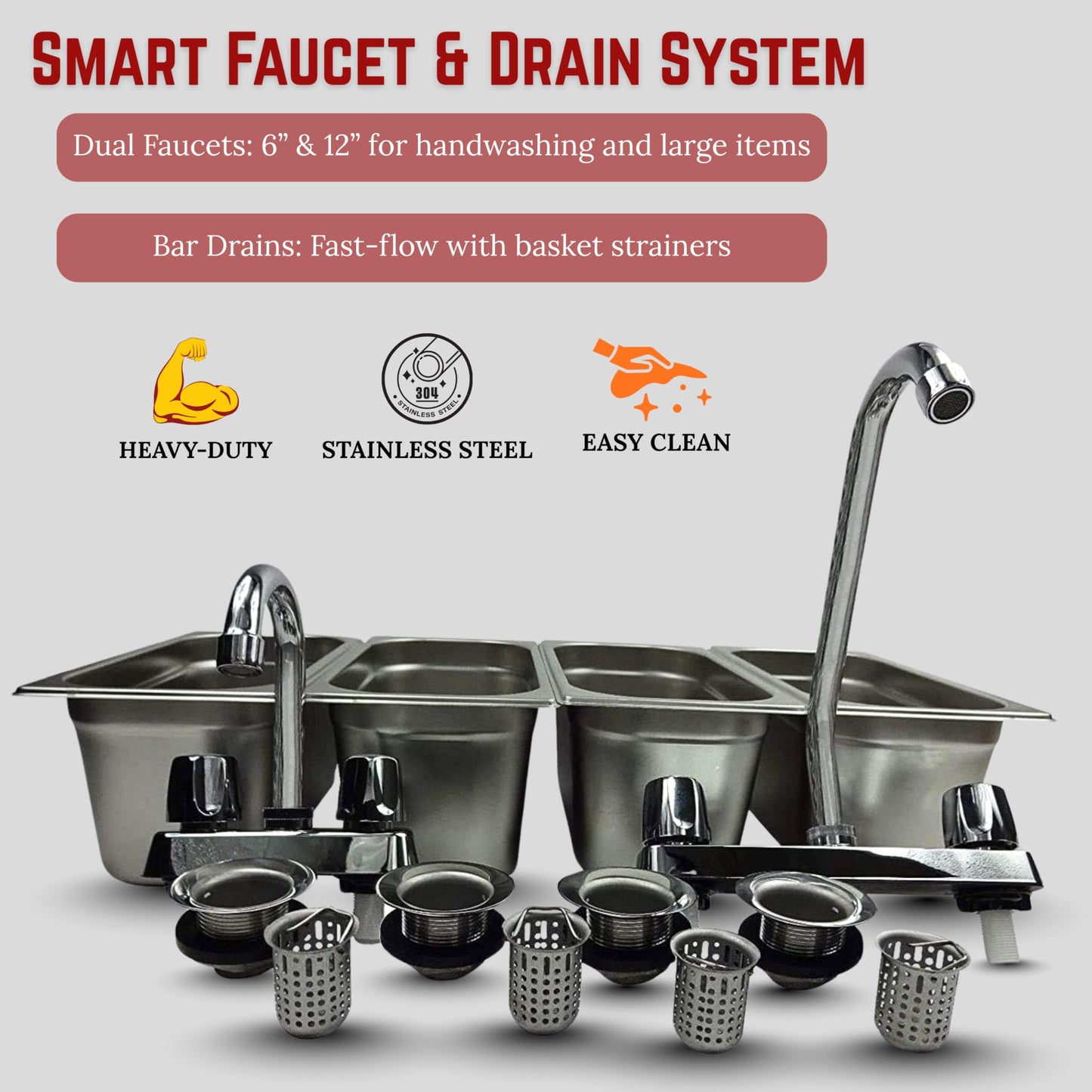 Standard 4-Compartment Drop-in Stainless Steel Concession Sink Set & Hand Washing for Concession Stand Food Trailer