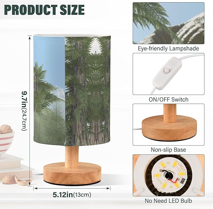 Table Lamp Dinosaur in Jungle Forest Nightstand Lamp with Wood Base Fabric Lamp Shade Bedside Desk Lamp for Living Room Bedroom Kids Room Office