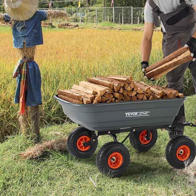 VEVOR 4 Cu.Ft. 600lbs Poly Garden Cart Dump Wagon, Heavy Duty 4 Wheel Wheelbarrow Yard Cart Dump Wagon with 10in All Terrain Wheels, Steel Frame and Quick Release System
