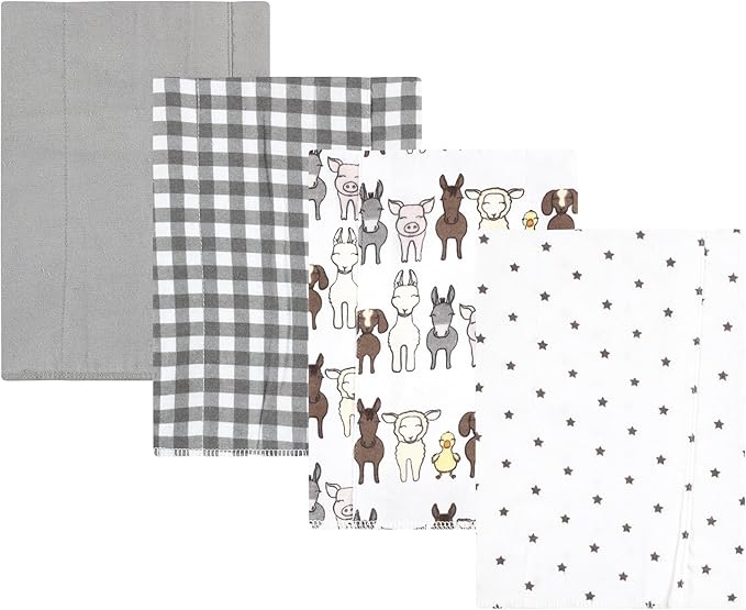 Luvable Friends Hudson Baby Flannel Burp Cloths 4pk, Farm Pals Gray
