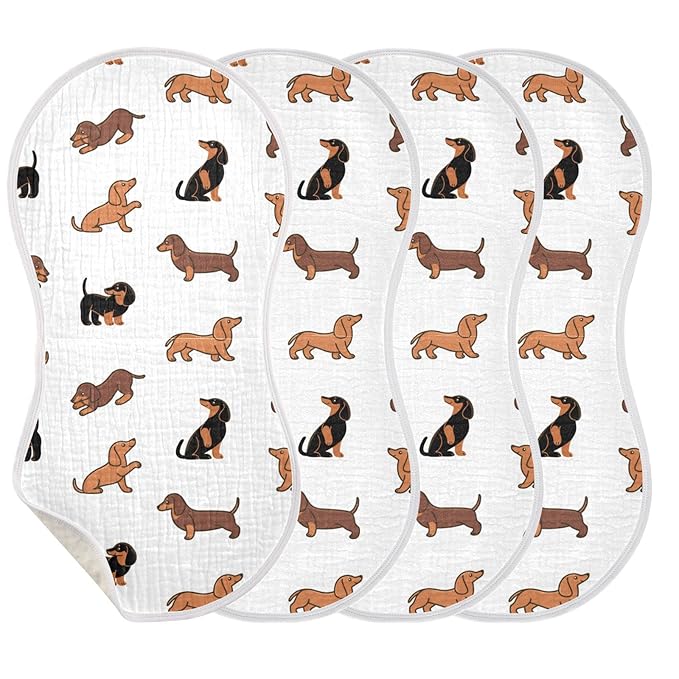 Muslin Baby Burp Cloths Set of 4, Soft Absorbent Cute Dogs Dachshunds Muslin Washcloths, Bibs, Face Towel for Newborn Boys Girls, 22 x 11 Inch