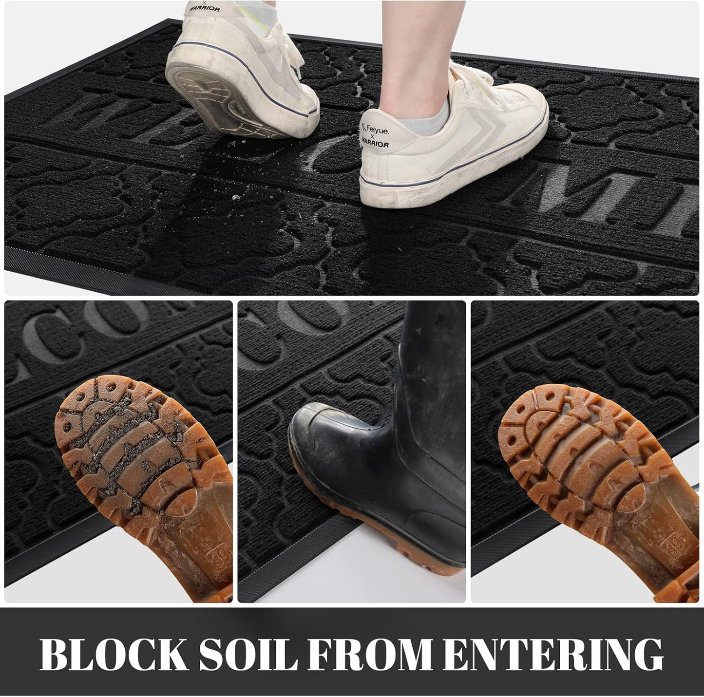 Yimobra Welcome Mat Outdoor Indoor, All-Season Waterproof Front Door Mat Outside Entrance, All-Weather Heavy Duty Non-Slip Doormat, Low Profile Porch Patio Entrance Mats, 47x32, Black