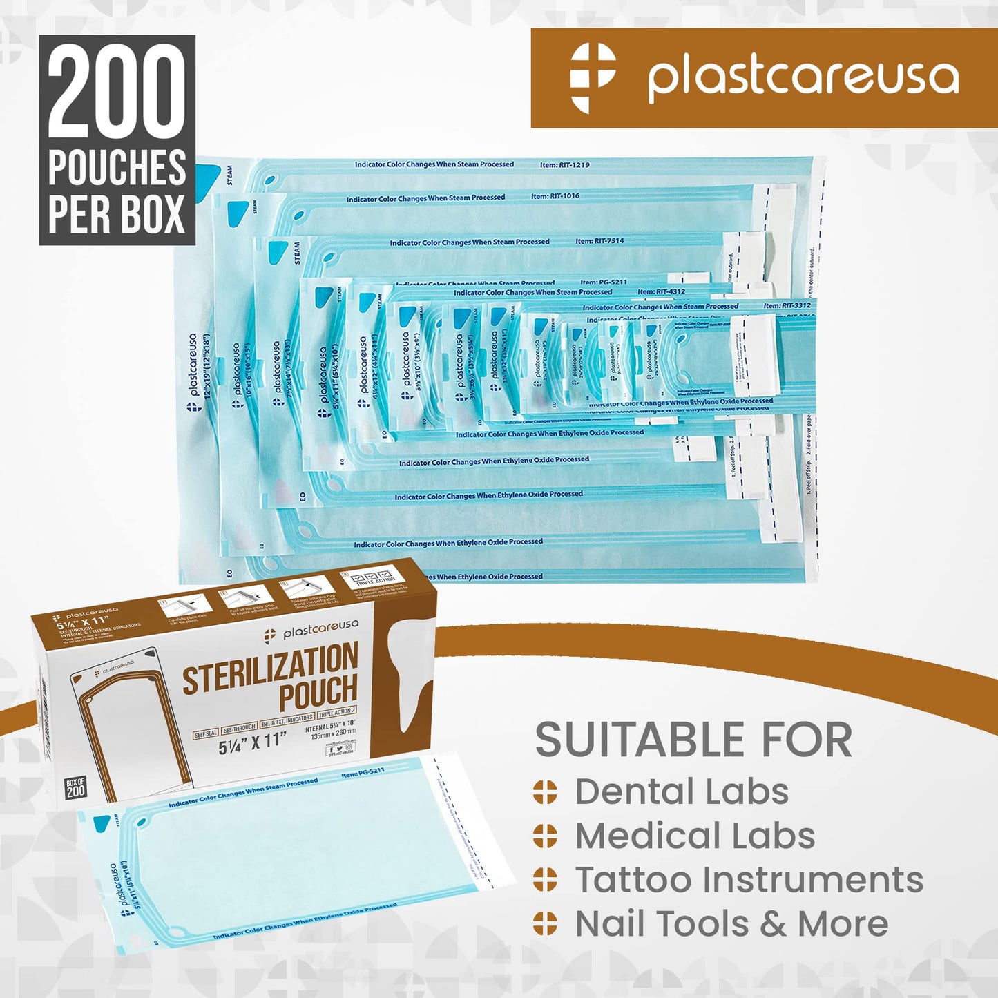 200 5.25 x 10 Self Sealing Sterilization Pouches - Autoclave Sterilizer Bags Pouch for Sterilizing Dental Medical Instruments and Cleaning Tools - Latex-Free, Color Changin Indicator by PlastCare USA