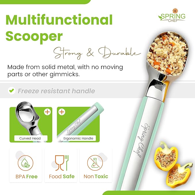 Spring Chef Heavy Duty Metal Ice Cream Scoop - Dishwasher Safe Ice Cream Scooper, Commercial Icecream Scoop Spade, Professional Kitchen Tool for Gelato, Melon, Sundae, Cookie Spoon - Mint