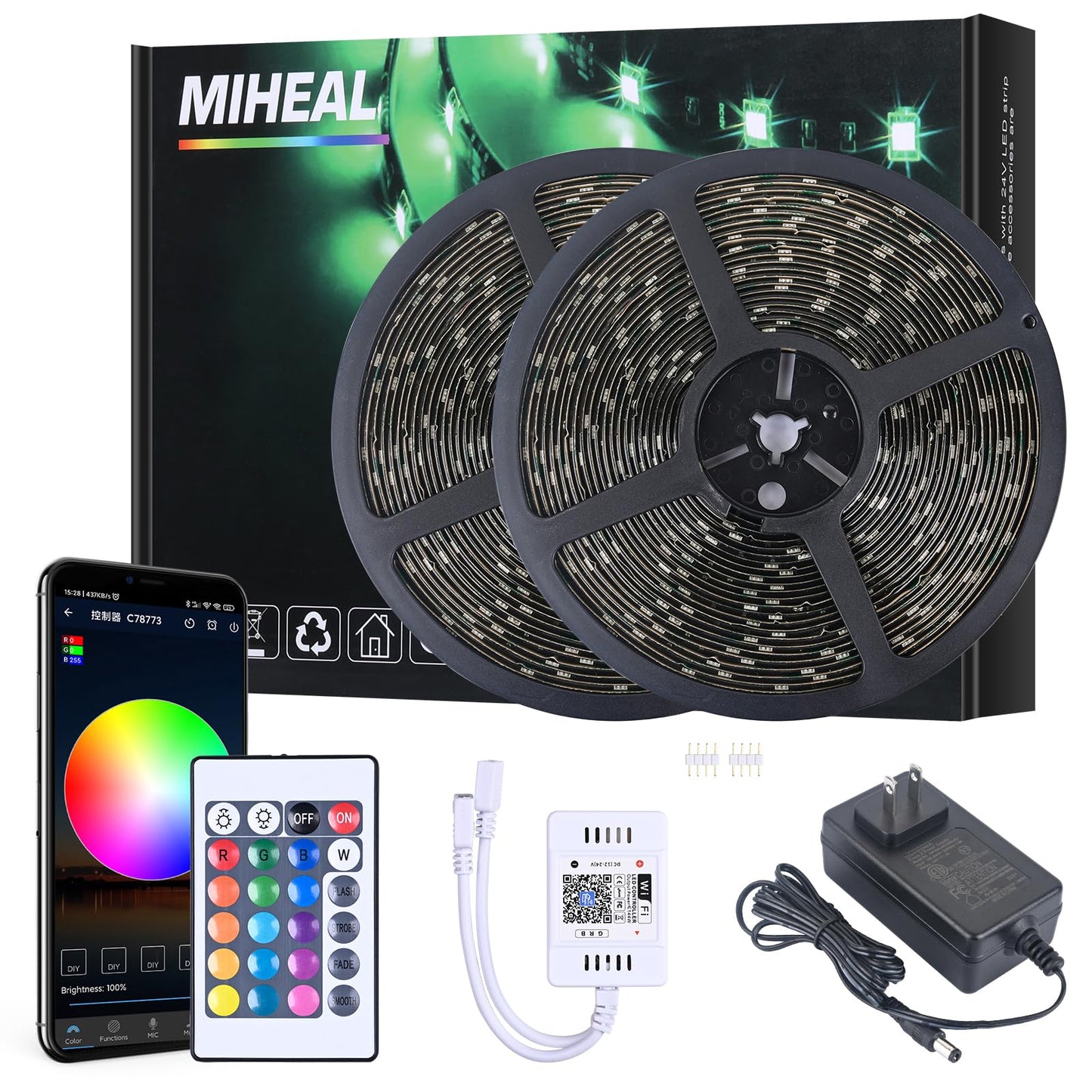 Miheal Wifi Led Light Strip Kit - 65.6Ft Waterproof 5050 Rgb, Black Pcb, Compatible With Android/Ios