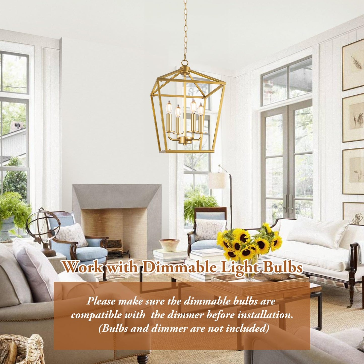 Farmhouse Chandelier 4-Light  Gold Pendant Light Fixture For Kitchen Island Dining Room  Lantern Industrial Lighting Ceiling Hanging With Metal Cage Adjustable Height For Entryway Foyer