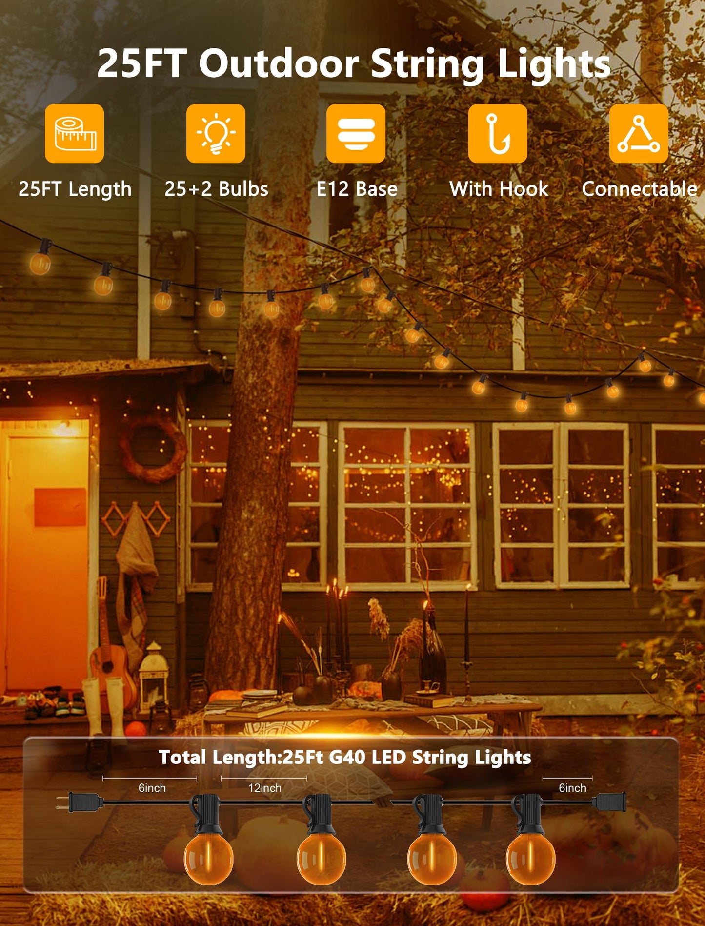 GOOTHY Halloween String Lights, 25Ft, 27 LED Shatterproof Orange Globe Bulbs, Outdoor Patio Decor
