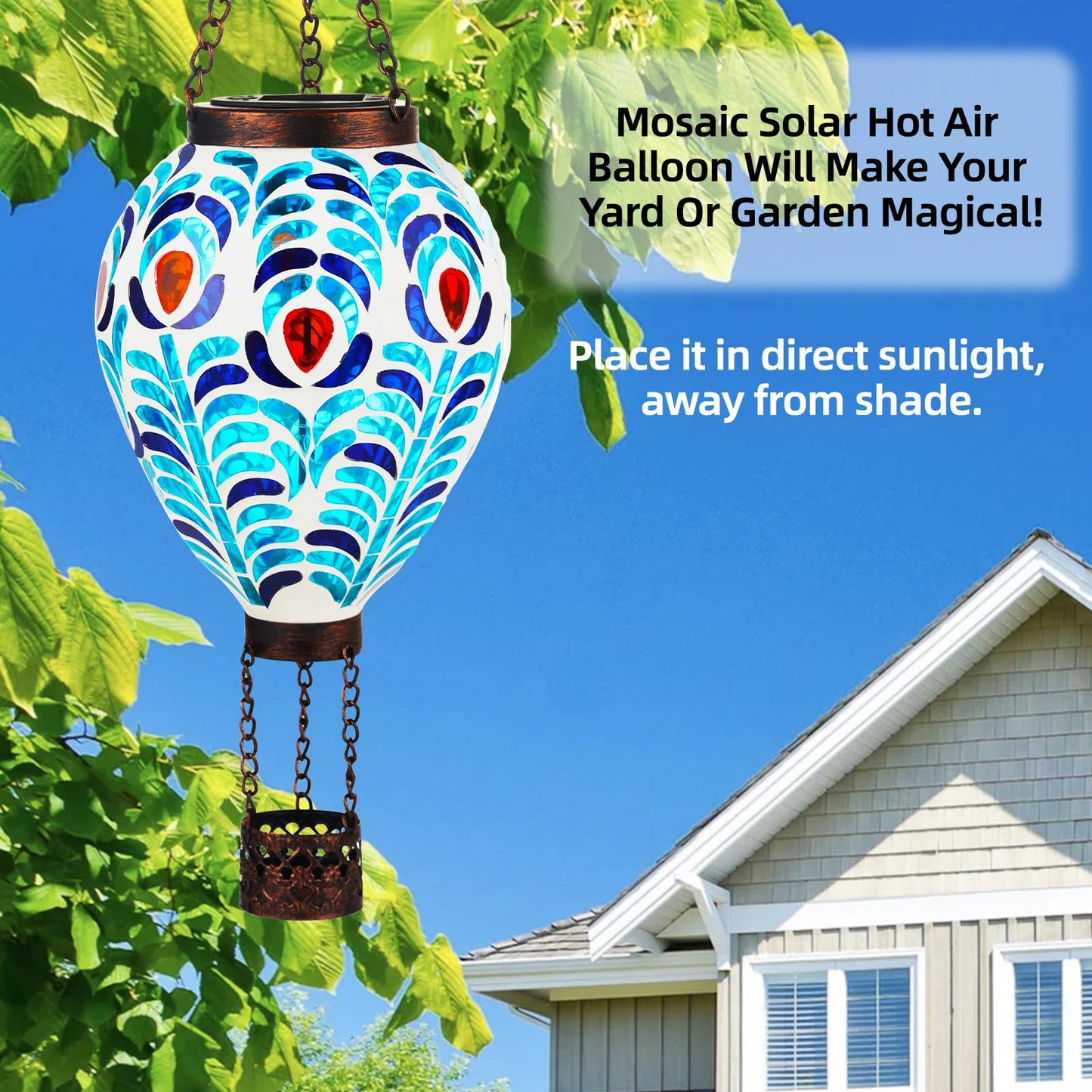 Voreen Hot Air Balloon Solar Lantern  Handmade Mosaic Solar Outdoor Hanging Wind Light  Waterproof  Patio Festive Decor  Gift For Mom Wife Friend  Peacock Feather Design