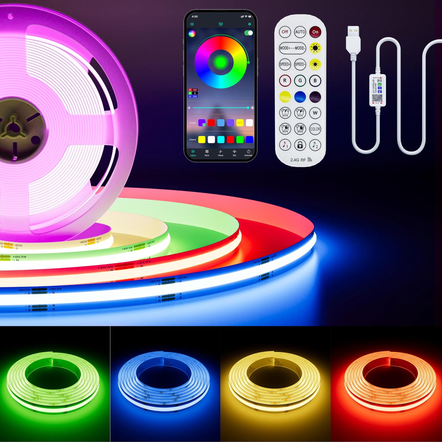 Pautix 5V Usb Cob Rgb Led Strip Light, 4.92Ft Multicolor Flexible Tape Lights For Home, Kitchen, Bedroom, Bluetooth Control, Model Cob-Usb-Rgb816F