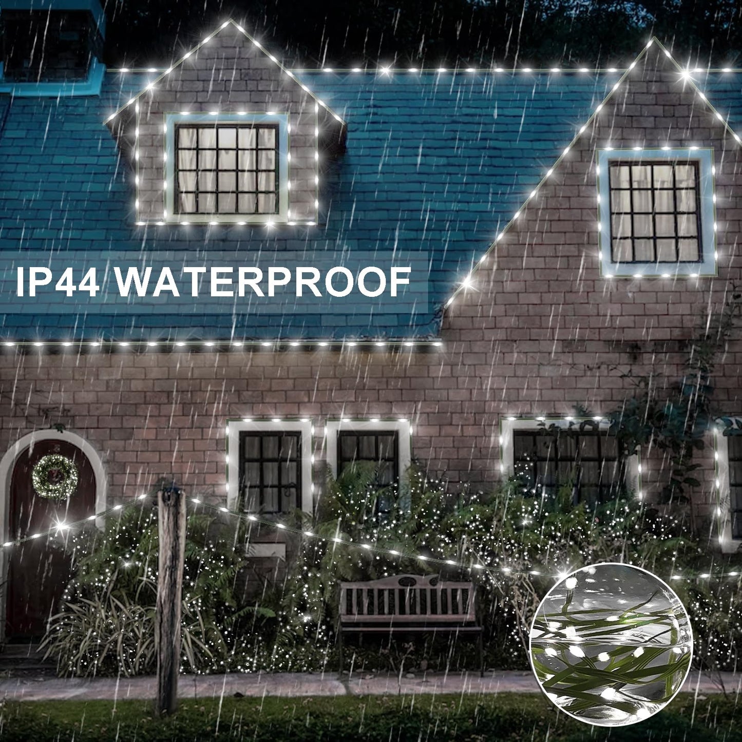 ROADAYLY LED String Lights, 180 LEDs, 59 FT, Cool White, Waterproof Green Wire, Remote Timer, 8 Modes for Outdoor Christmas Decorations