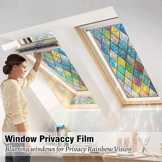 QHY Sunshine Colorful Rainbow Stained Glass Window Film Non-Adhesive Window Privacy Film Reusable Decorative for Room (Chequered Rainbow, 17.5 X 78.7 in)