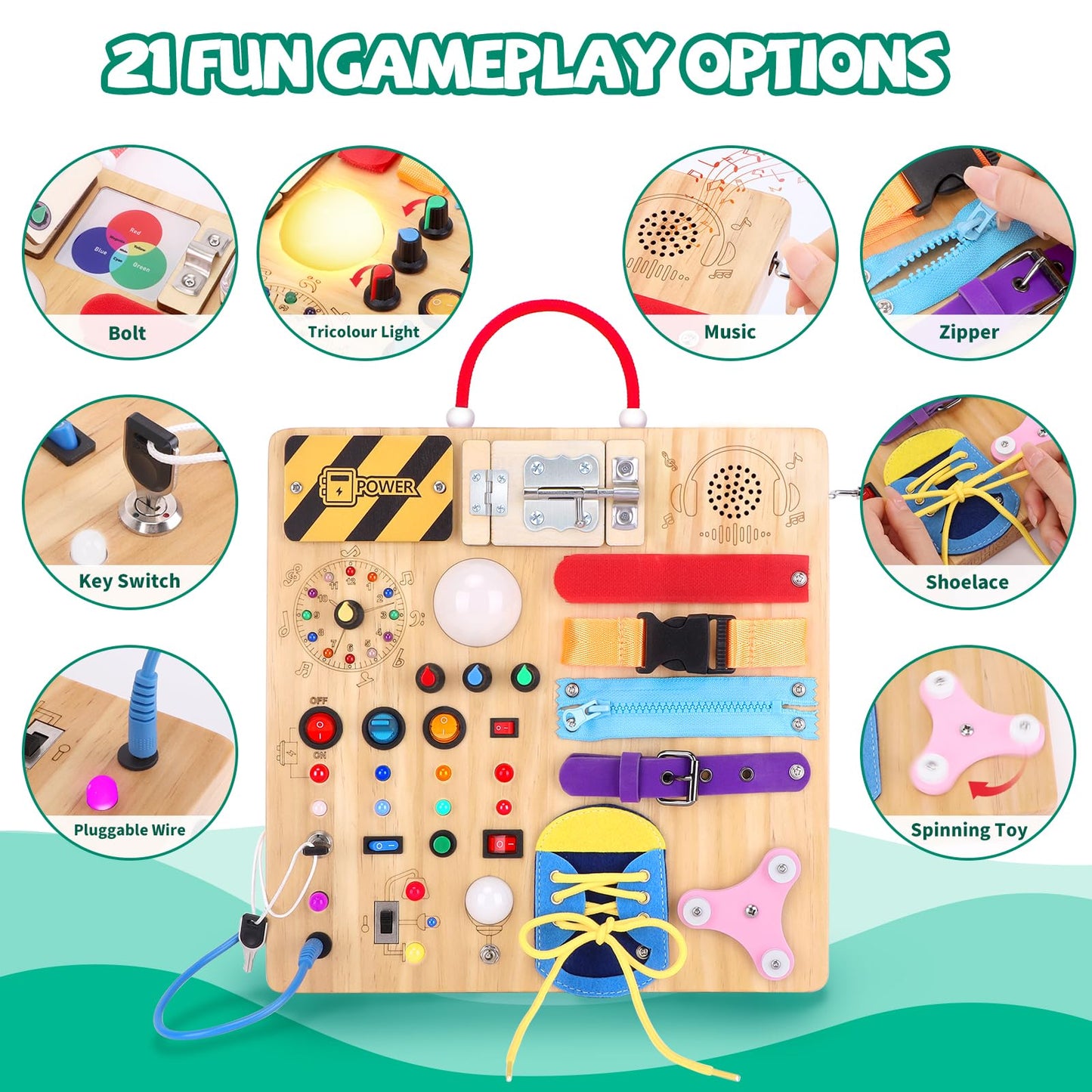 Iabedi Busy Board,Montessori Toys for 1-3 Years Old, Wooden Toddler Toys, Autism Sensory Travel Toy, Ideal Gift for 1+ Year Old Boys (Busy Board Plus v3)