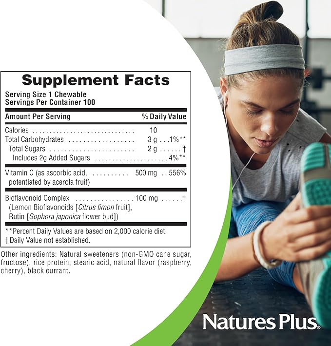 NaturesPlus Immune Vitamin C, Citrus - 100 Chewables - All-Natural Immune System Support - High-Potency Formula with Bioflavonoids & Superfoods - Non-Acidic & Gentle on The Stomach - 100 Servings