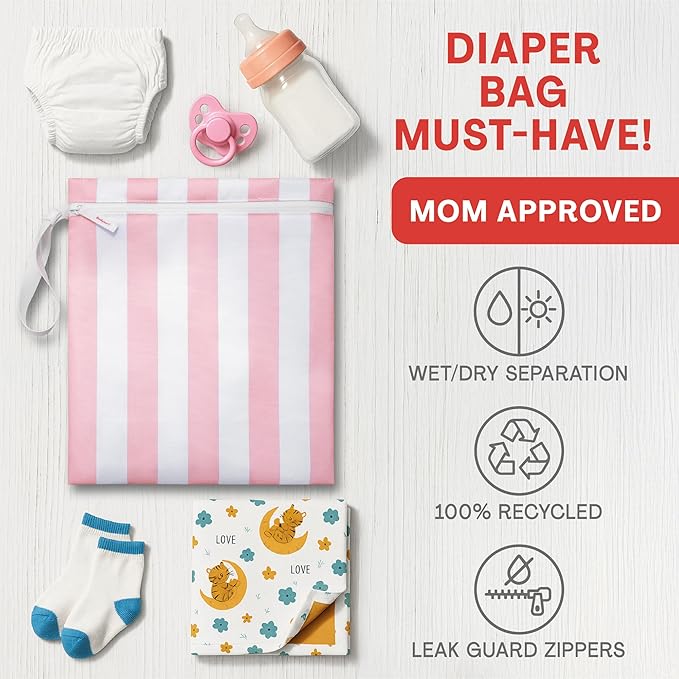 Bodysurf Wet Bags for Baby, Kids, Toddlers, Pump Parts, Cloth Diapers, Dirty Laundry - Wet Bag for Swimsuit, Beach, Pool, Gym, Travel - Reusable Waterproof Stripe Travel Toiletry Pouch - Dusty Pink