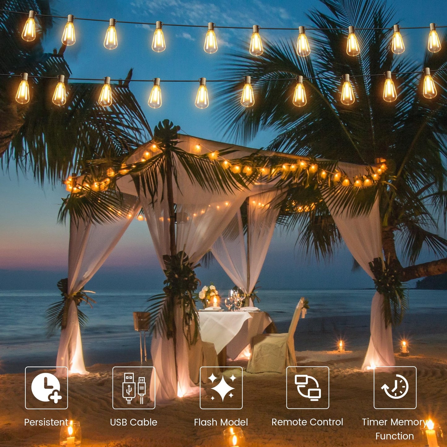 OHLUX Solar String Lights 120FT with Remote, 2200K Soft Warm Light, 52 Shatterproof ST38 Bulbs, Dimmable Outdoor Edison Hanging Lights