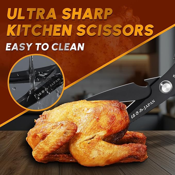 HUUSK Kitchen Scissors Set Black - Upgraded Stainless Steel Kitchen Shear, Sharp Meat Scissors, Heavy Duty Poultry Shears, Japanese Cooking Scissor for Food, Dishwasher Safe Christmas Gifts for Women