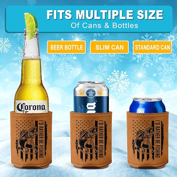 Fishing Gifts for Men – Leather Beer Can Cooler – Perfect Christmas, Birthday Gift for Fisherman – Fishing Present for Dad, Husband, or Friend – Durable Collapsible Leather Can Holder