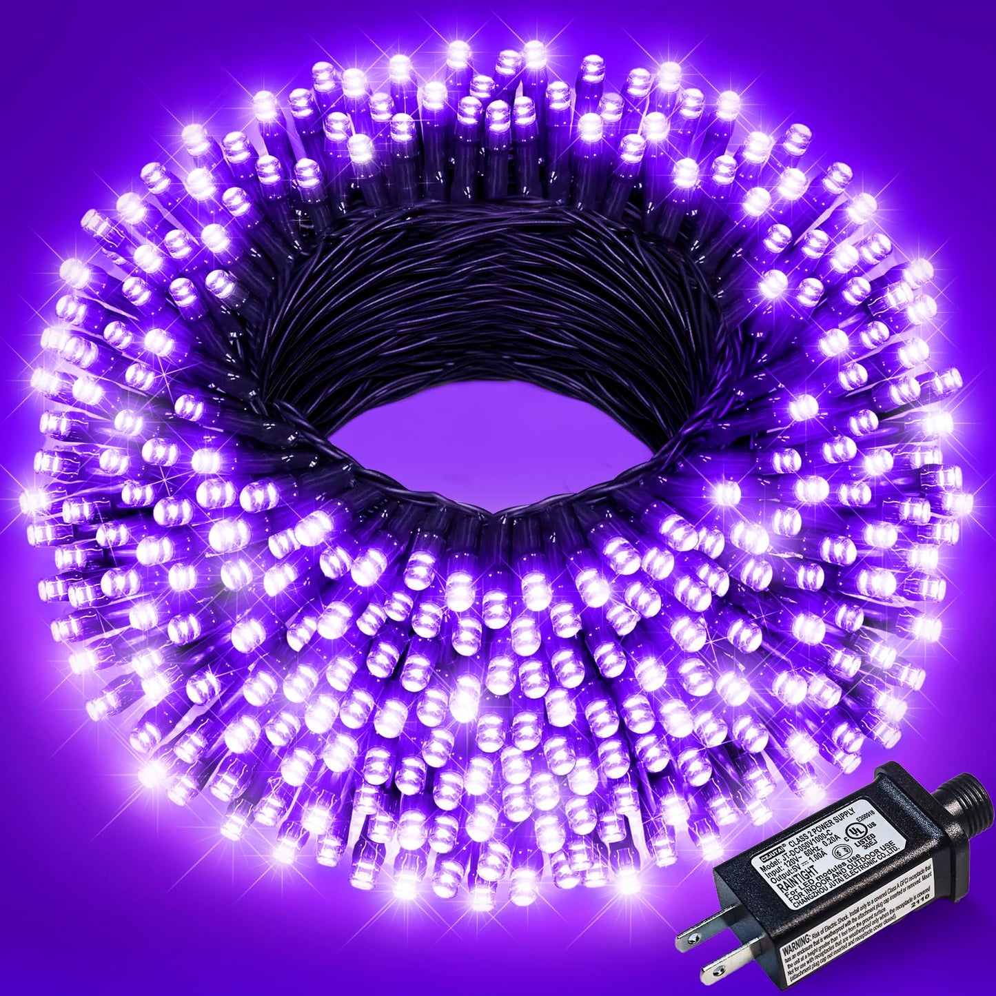 Nielfoi Halloween Lights, 200 LED Purple String Lights, 66FT, Waterproof, 8 Modes, Indoor/Outdoor, Green Wire, Model BG-CL3M3-306L01