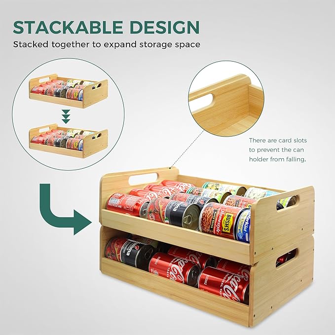 MinBoo Bamboo Can Organizer for Pantry - Stackable Can Rack for 24 Cans, Canned Food Storage, Pantry Shelf, Kitchen Cabinet or Countertop