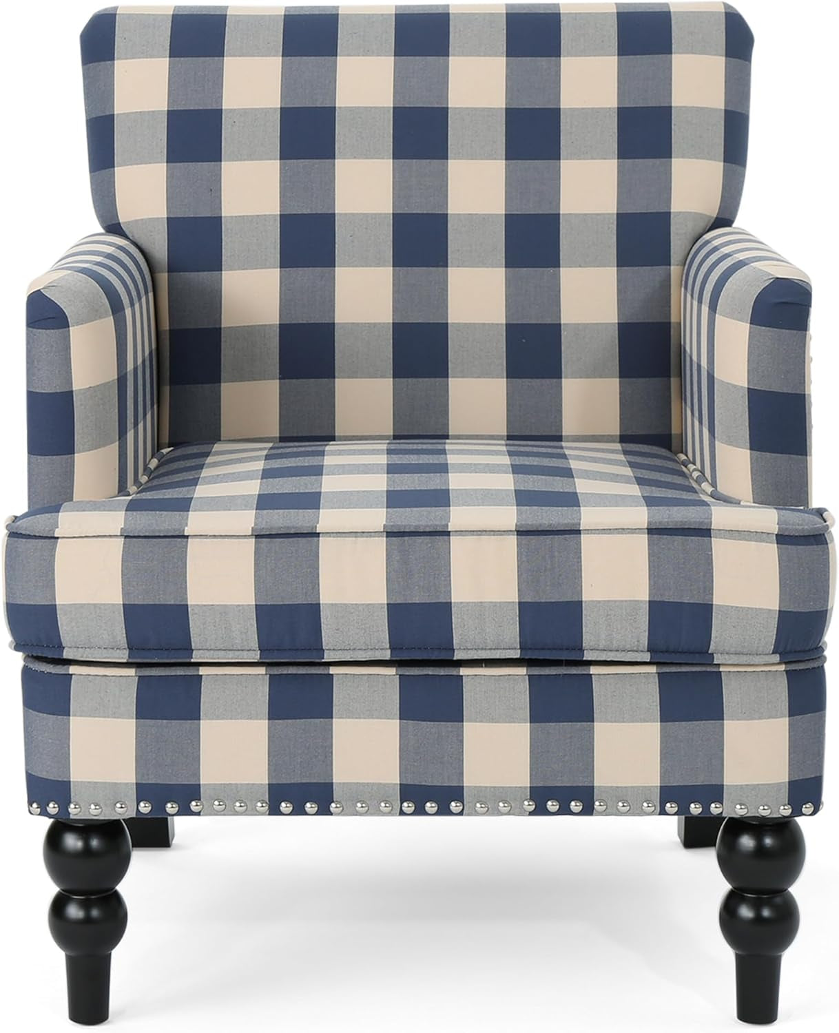 Eve Modern Upholstered Club Chair, Wooden Living Room Accent Chair, Comfy Bedroom Reading Chair, Multifunctional Armchair, Blue Checkerboard