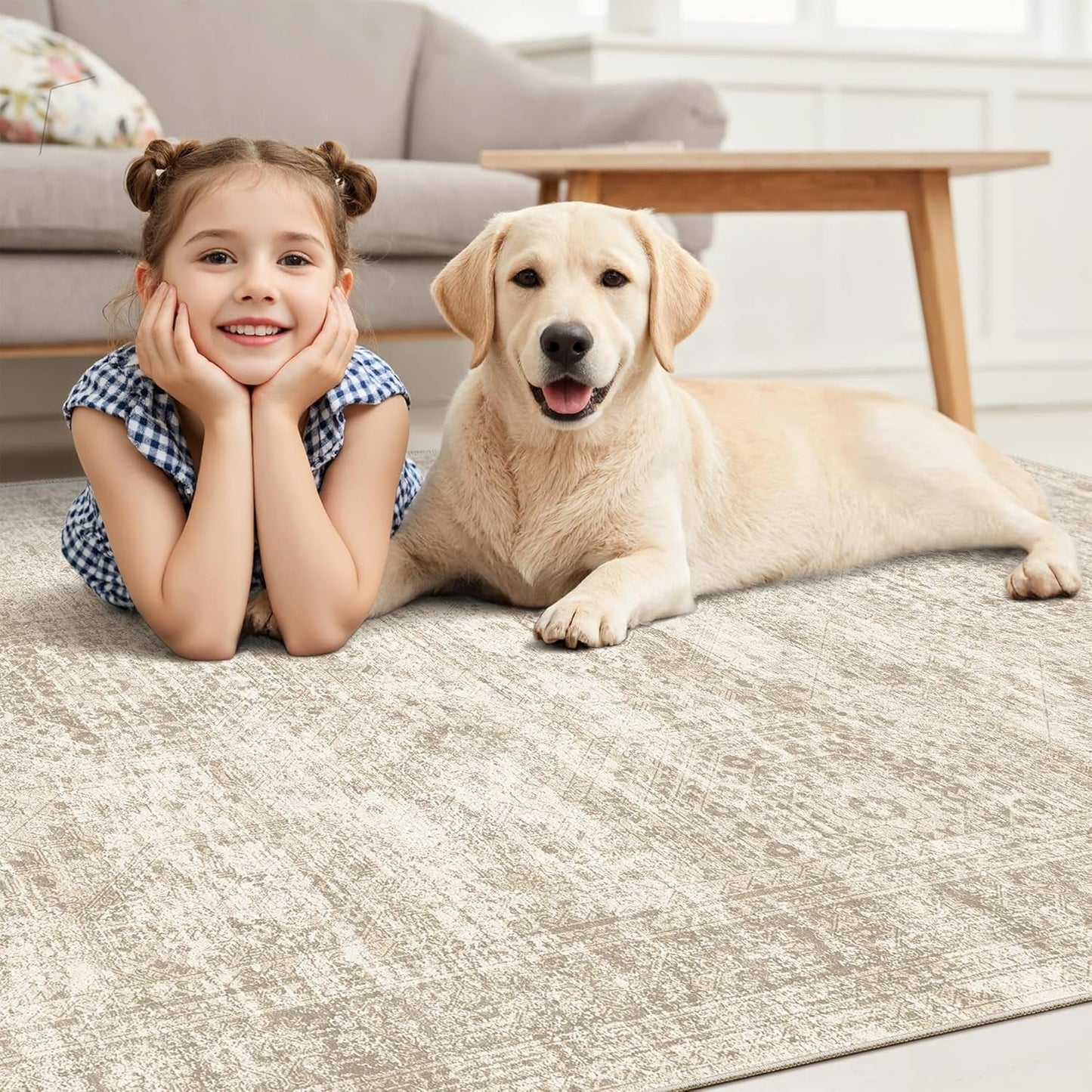 Washable Area Rug 8X10, Large Soft Rugs for Living Room Vintage Beige Carpet 8X10 Area Rugs for Bedroom Dining Room Non-Slip Stain Resistant under Table Rug