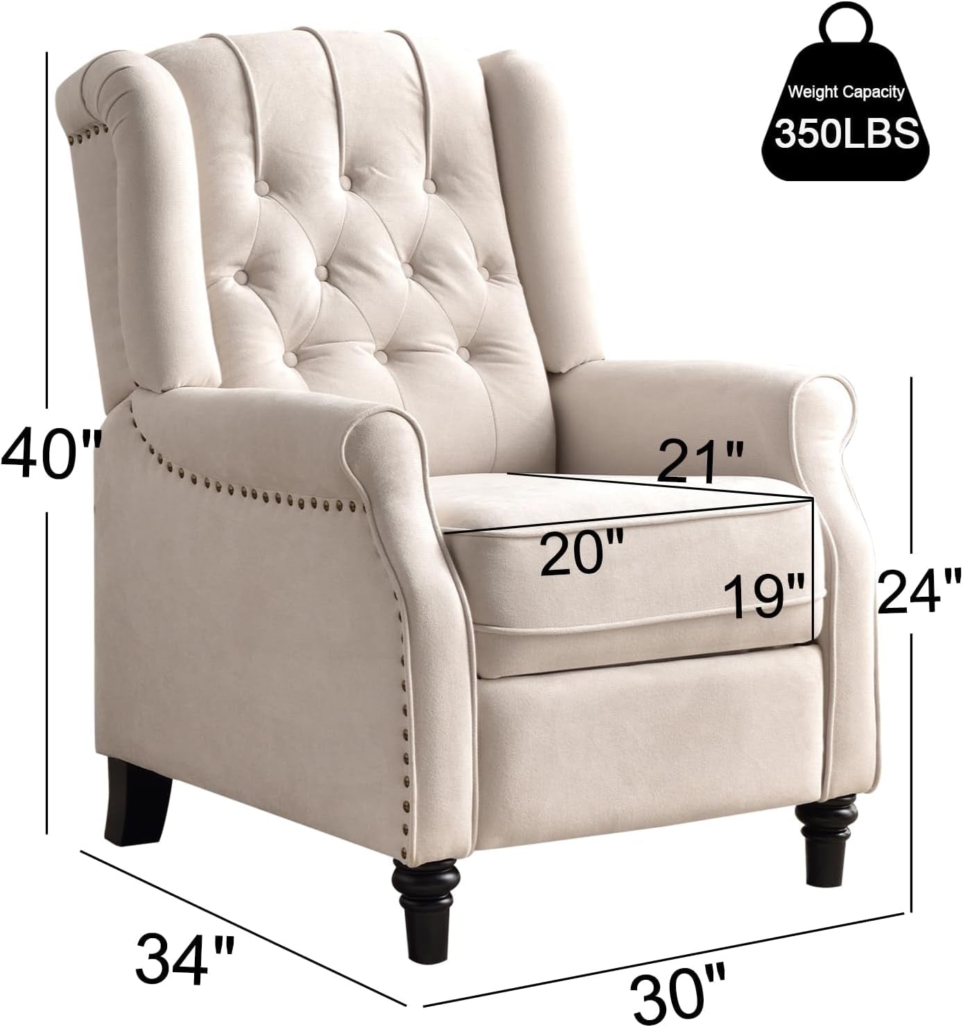 Pushback Recliner Chair, Fabric Armchair Push Back Recliner with Rivet Decoration, Mid Century Wingback Accent Chair for Living Room, Bedroom, Beige