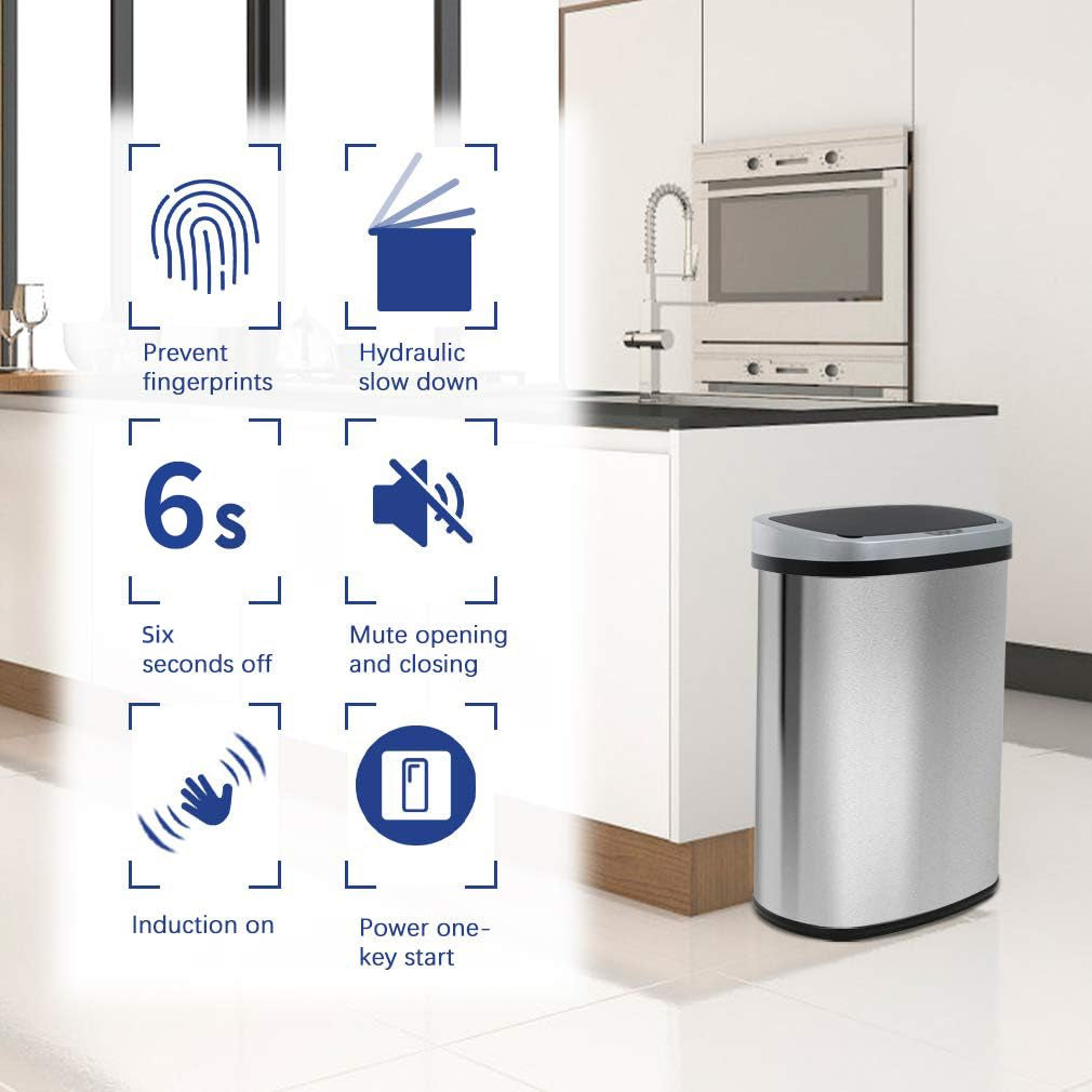 | 13 Gallon Trash Can with Lid | Automatic Touchless Garbage Can | Odor Control | Modern Oval Design | Easy to Clean | Stainless Steel | Fits Any Kitchen, Bathroom, Office or Home