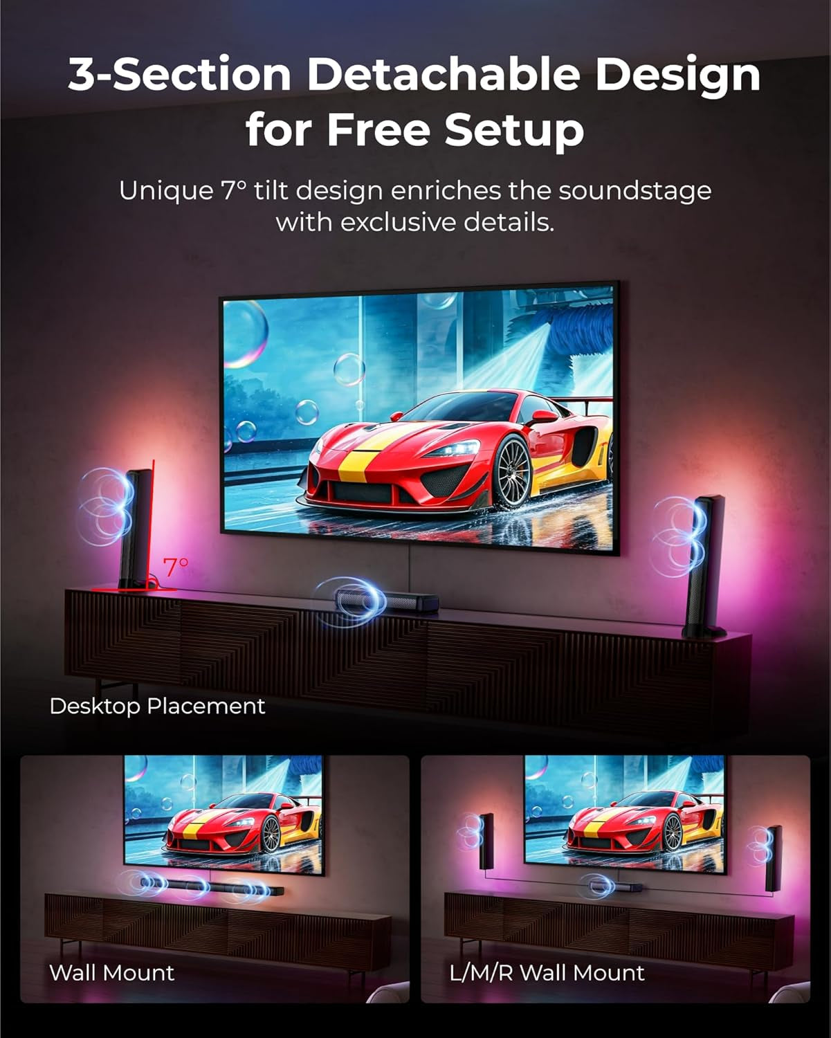 7.1Ch Virtual Surround Sound Bar, Sound Bar for Smart TV with 2 Surround Speakers, Surround Sound System for TV with RGB, 6.5" Subwoofer, Peak Power 410W, App, HDMI/OPT/AUX/BT Apollo S70 Ultra