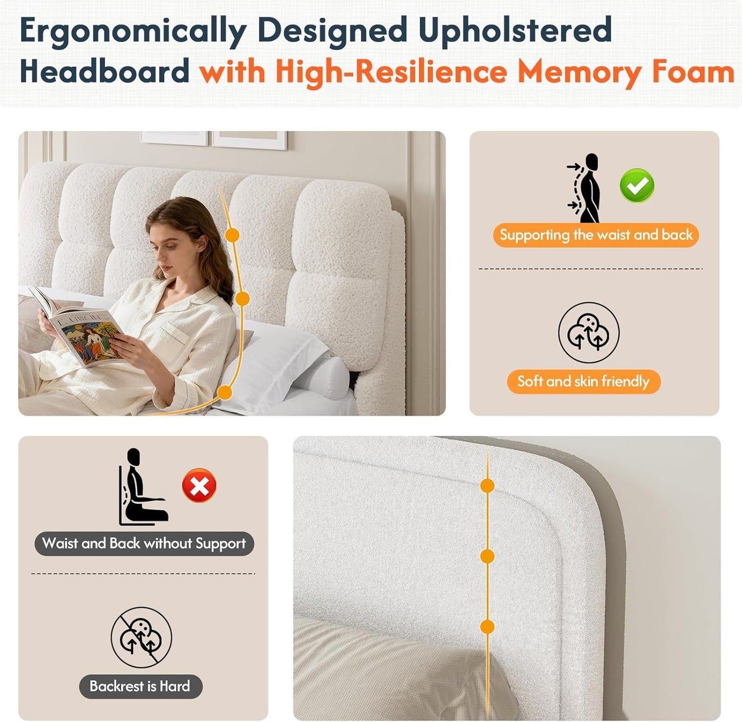 Boucle Full Size Bed Frame with Headboard, Modern Upholstered Platform Bed Frame Full with Rounded Corners, Soft Cloud Beds, Wood Slats Support, No Box Spring Needed, Easy Assembly, Cream