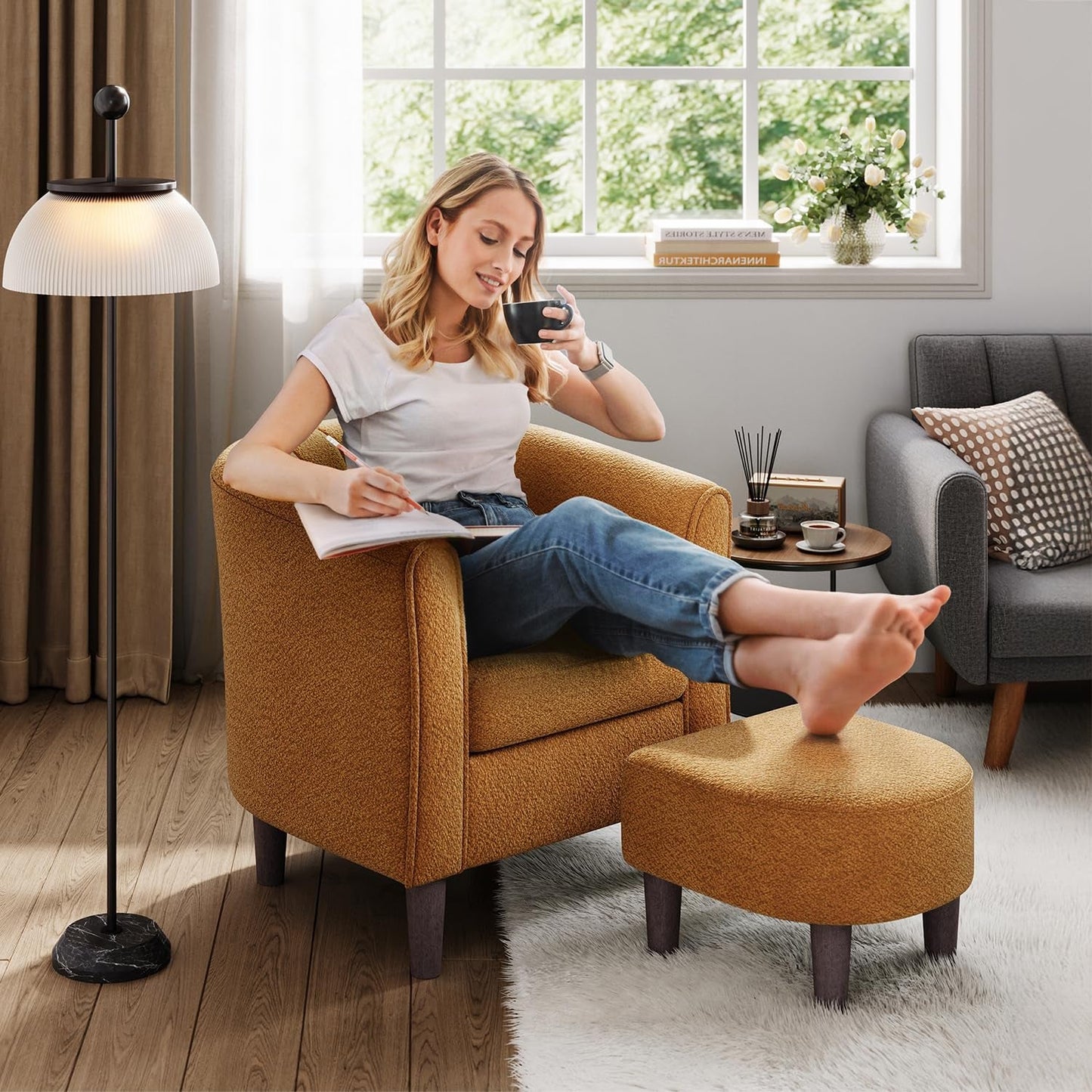 Accent Chair with Ottoman, Chenille Barrel Chair with Footstool, Modern Upholstered Armchair for Living Room Bedroom Waiting Room Office, Orange