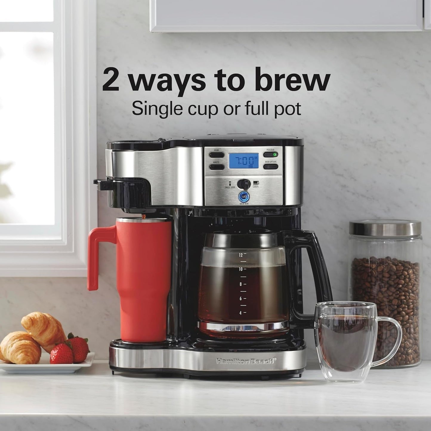 2-Way Programmable Coffee Maker, 12 Cup Glass Carafe and Single Serve Coffee Maker, Black with Stainless Steel Accents, 49980RG