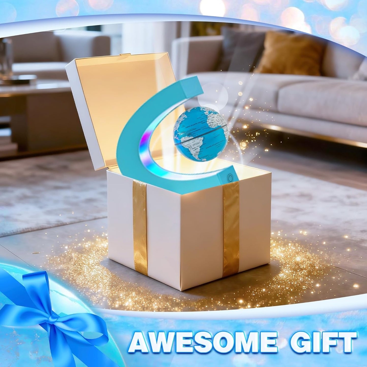 Magnetic Levitation Floating Globe, Levitating C Shape Globe with Cyan Frame and LED Lights for Education Home Office Desk Decor, Holiday Anniversary Creative Gift(3.3 Inches)