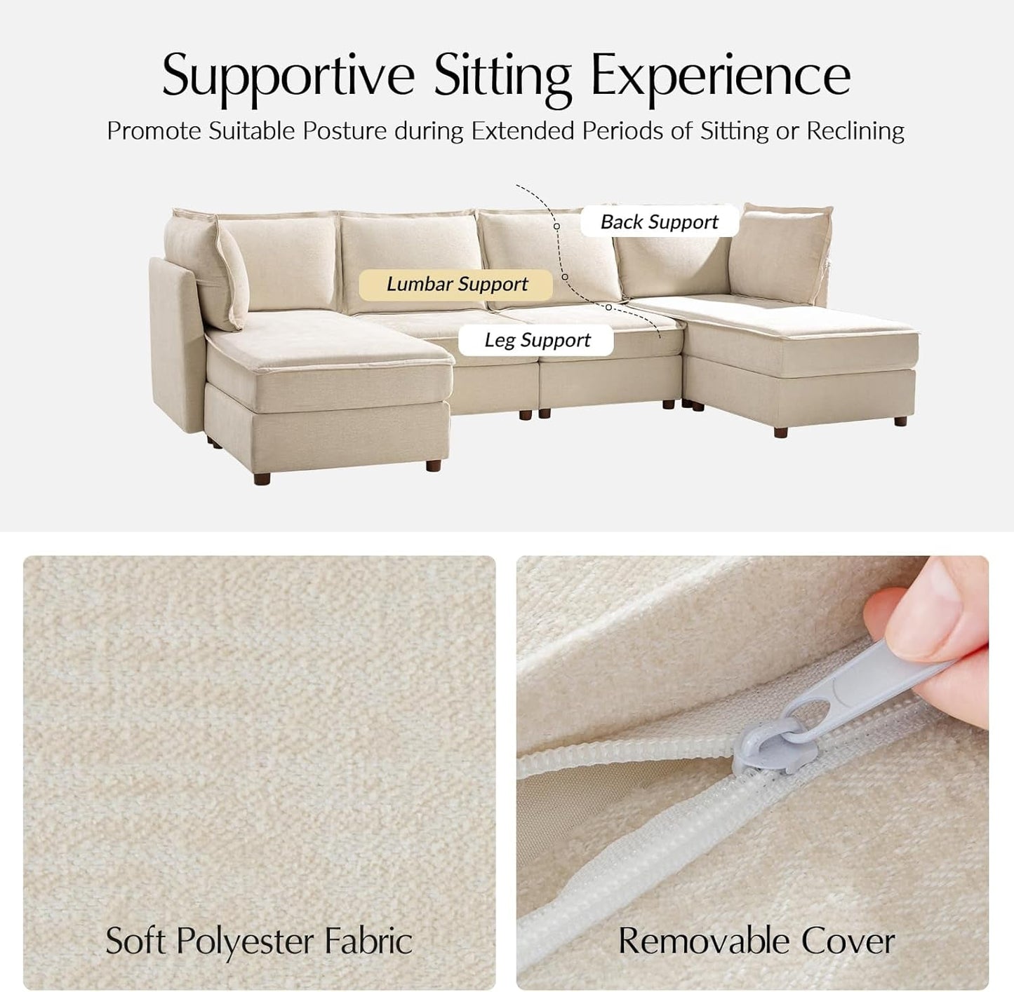 128'' Modular Sectional Sofa with Chaise, Oversized U Shaped Sofa with Hidden Storage Compartment, Comfy Cloud Couch with Extra-Wide Seat, Tool-Free Assembly, Beige