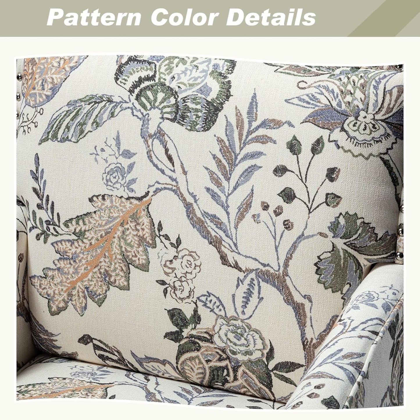 Modern Accent Chair with Arms and Wooden Legs, Floral Patterned Accent Chair Armchair High Back Rest, Padded Armrest and Comfortable Cushioned Seat for Living Room (Orange Grey Floral)