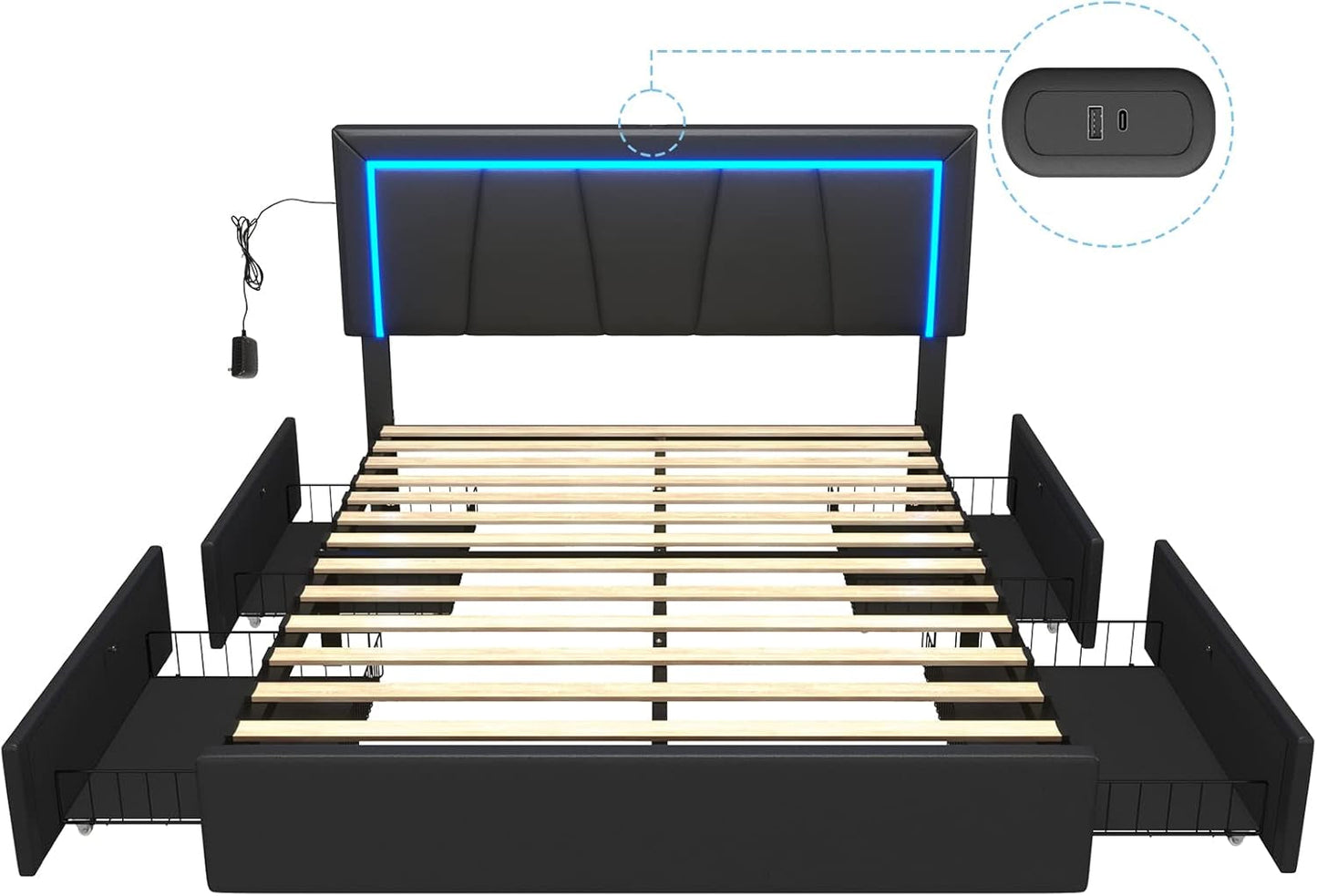 Queen Bed Frame with Headboard and 4 Storage Drawers, Modern Faux Leather Upholstered Platform Bed Frame Queen Size with LED Lights and USB Ports, No Box Spring Needed, Black