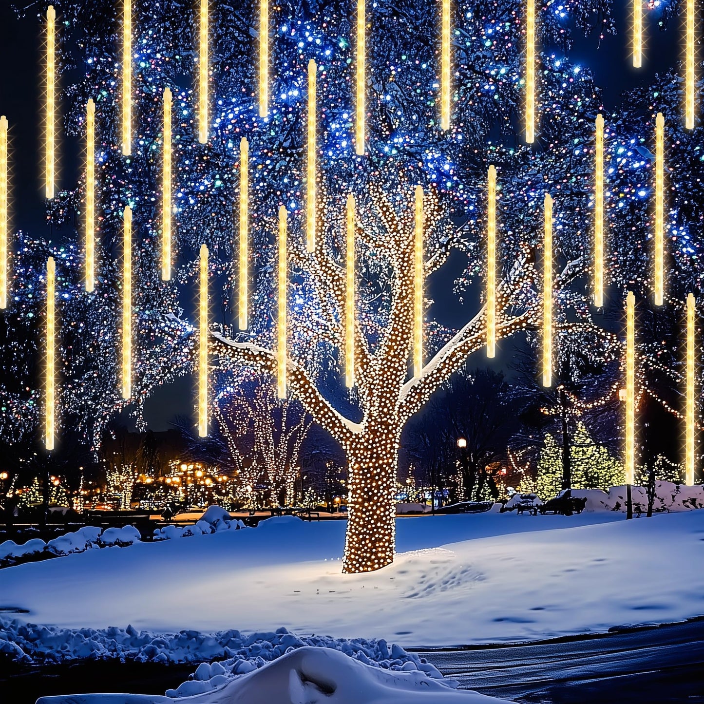 Dazzle Bright 1728 Led Christmas Light  Meteor Shower Rain Lights 11.8 Inch 48 Tubes  Waterproof Plug In Falling Rain Lights Decorations For Xmas Tree Yard Party (Warm White)