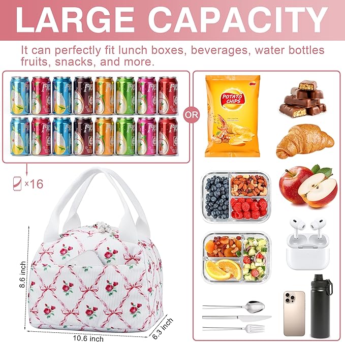 Lunch Bag - Insulated Lunch Box for Women, Reusable Large Capacity Cooler Bag for Adult, Small Leakproof Cute Corduroy Lunch Tote for Work Office Travel Picnic (Pink Bow Flower)