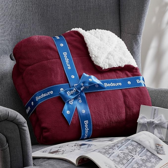 Bedsure GentleSoft Sherpa Fleece Blankets Queen Size for Bed - Thick and Warm, Soft Fuzzy Plush Queen Christmas Blanket for Winter, Burgundy, 90x90 Inches