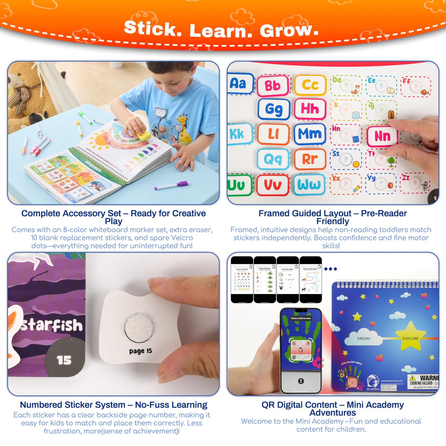 MENKRISE Montessori Busy Book for Toddlers 3–5 | Preschool Learning Activities | Educational Toddler Book with 14 Themes, 15 Drawing Pages & Guided Stickers | Fine Motor Skills Toy & Travel Activity